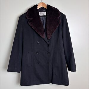 VTG 80s Bill Blass Signature 100% Pure Cashmere Coat Faux Fur Womens Sz 16